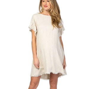 PINKBLUSH - Cream Frayed Trim Back Keyhole Linen Maternity Dress - SOLD OUT
